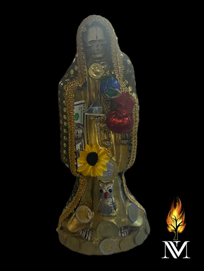 Santa Muerte 12-inch Gold Robe Statue With Reversed Mirror Fixed