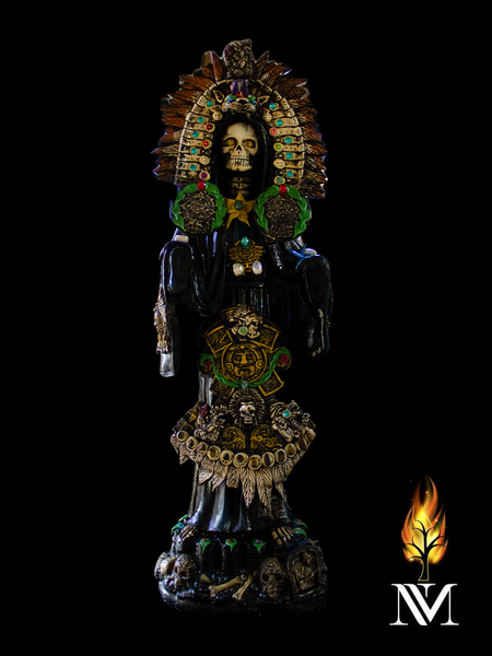 Aztec Santa Muerte 30-inch Black Robe Statue (Orange feathers)